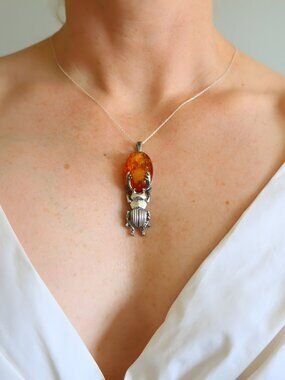 Baltic Amber Beetle Pendant in Sterling Silver